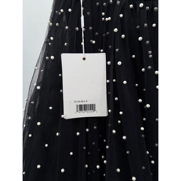 NWT Mac Duggal Black One Shoulder Pearl Beaded Tulle Velvet Midi Ballgown Size 8 - Picture 14 of 15